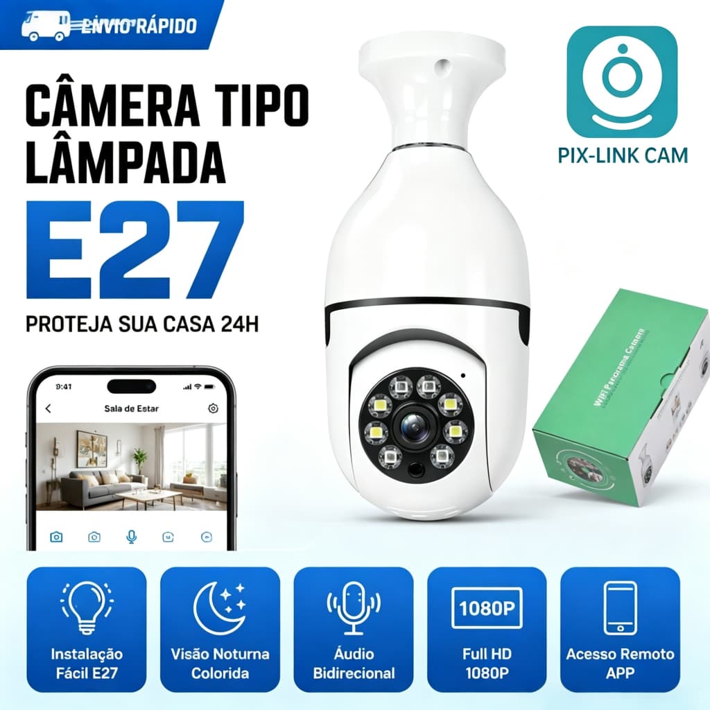 Câmera de Segurança Lâmpada E27 WiFi 360° PTZ 1080P, Visão Noturna, Áudio Duas Vias e Alerta de Movimento