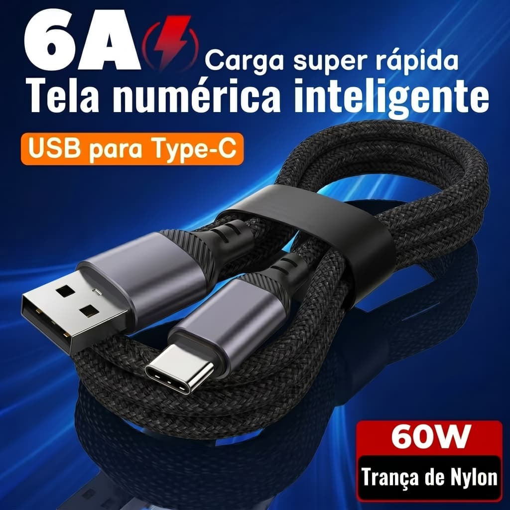 Cabo USB‑A para Tipo‑C 1 Metro Trançado Preto Carregamento Rápido e Transferência de Dados