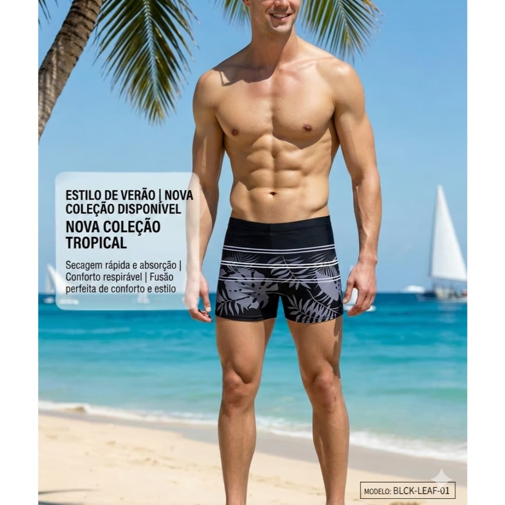 Sunga Masculina Boxer Praia Piscina Estampada Com Cordão Secagem Rápida