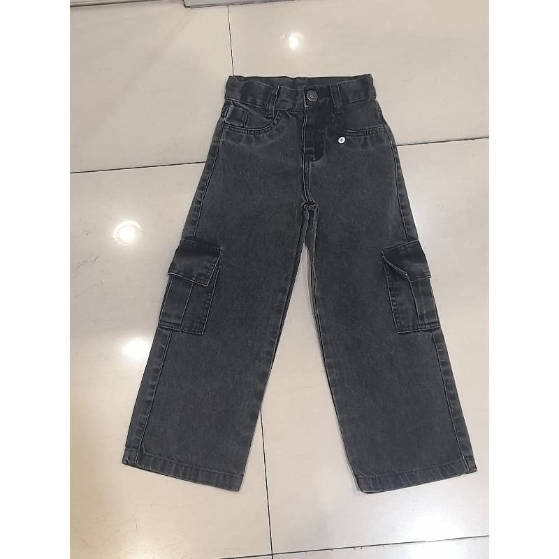 Calça jeans feminina infantil cargo wide leg cintura alta
