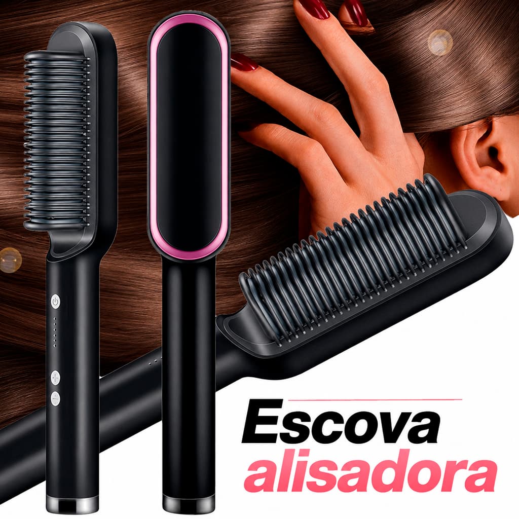 Escova Alisadora Bivolt 5 em 1 - Alisa Hidrata Modela Cabelo Anti-Frizz Revestimento Cerâmico