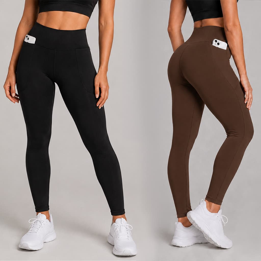 Kit 2 Calças Legging Fitness Grossa Feminina Cintura Alta Com Bolso Zero Transparência