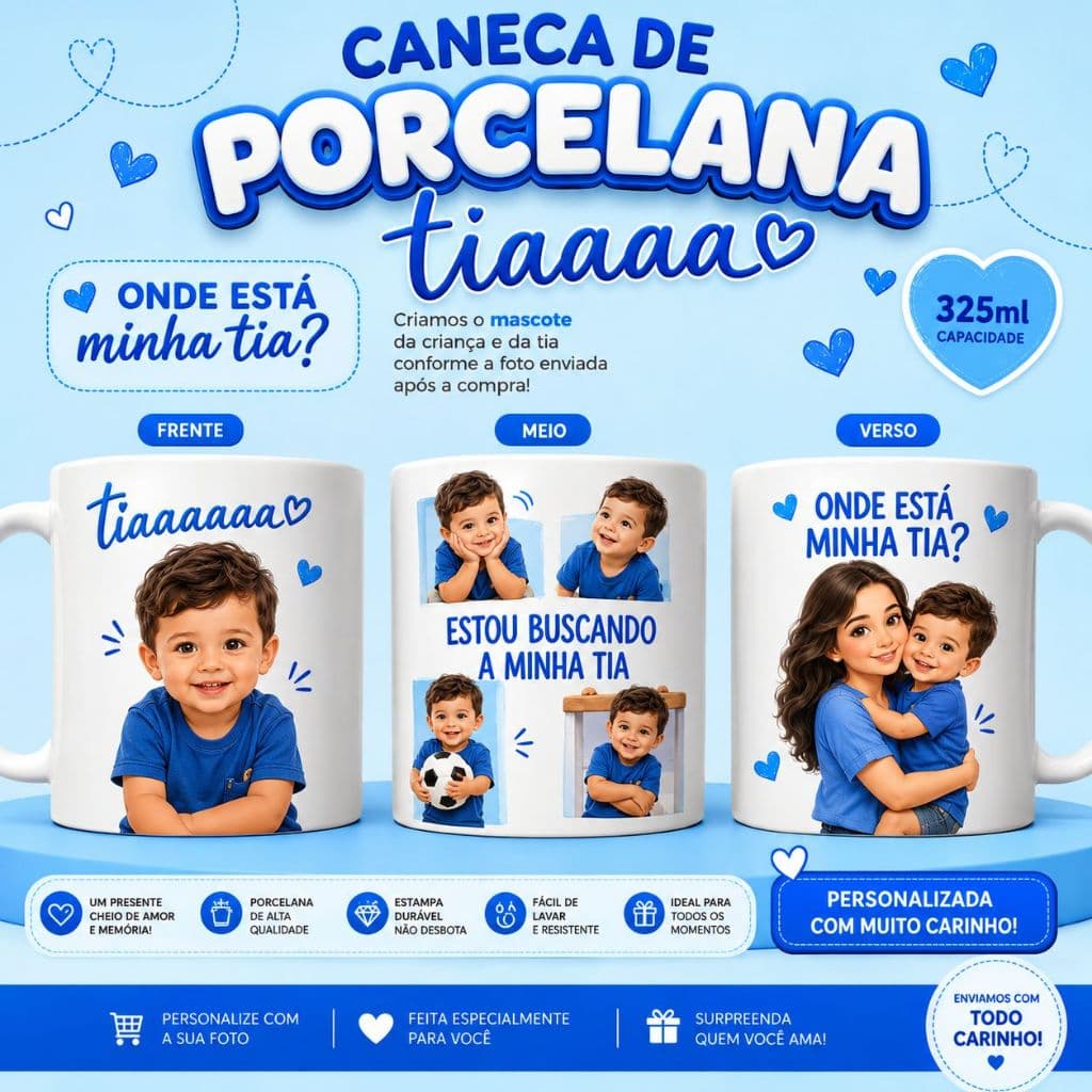 Caneca tia 325ml/ MASCOTINHO COM SUA FOTO / Caneca personalizada/ caneca tia/ onde está a minha tia?