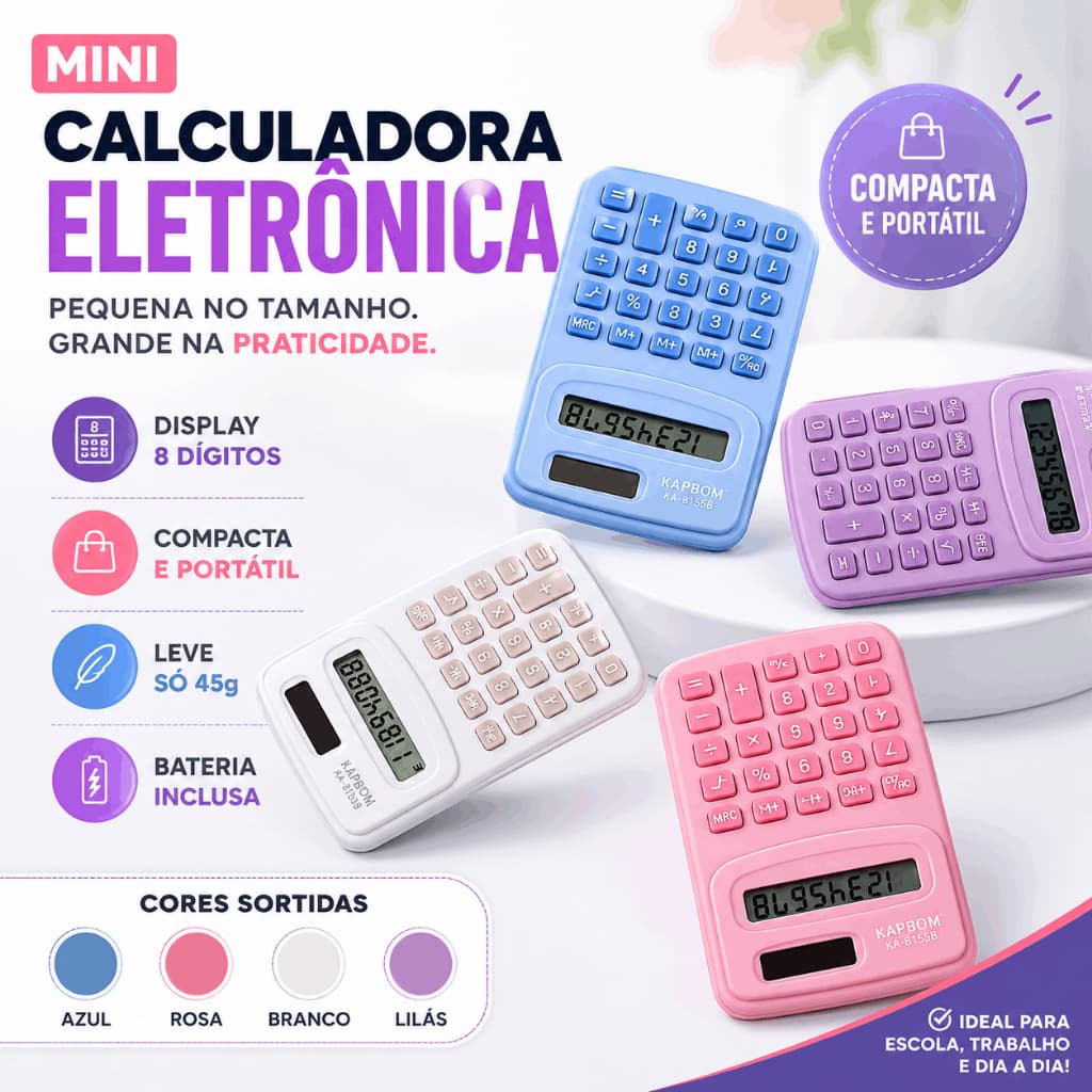 Mini Calculadora de Bolso 8 Dígitos Portátil Colorida Escolar Escritório Kapbom KA-6070