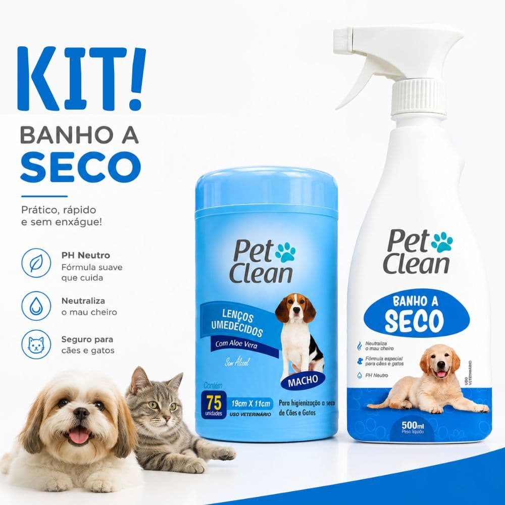 Kit de Banho a Seco Pet Clean + Lenço Umedecido para Cães e Gatos Sem Enxágue, Limpeza Rápida