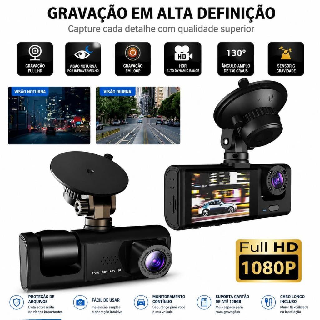 ✈️Envio Rápido｜Câmera Veicular 3 Câmeras, Grava Dianteiro e Interior, Ângulo Amplo e Gravação Cíclica