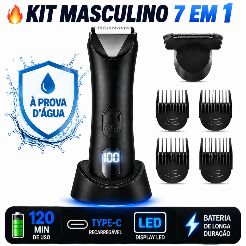 Kit 7 Aparador de Pelos Corporais e Barbeador Elétrico USB com Display LED, Base Carregadora e Pentes