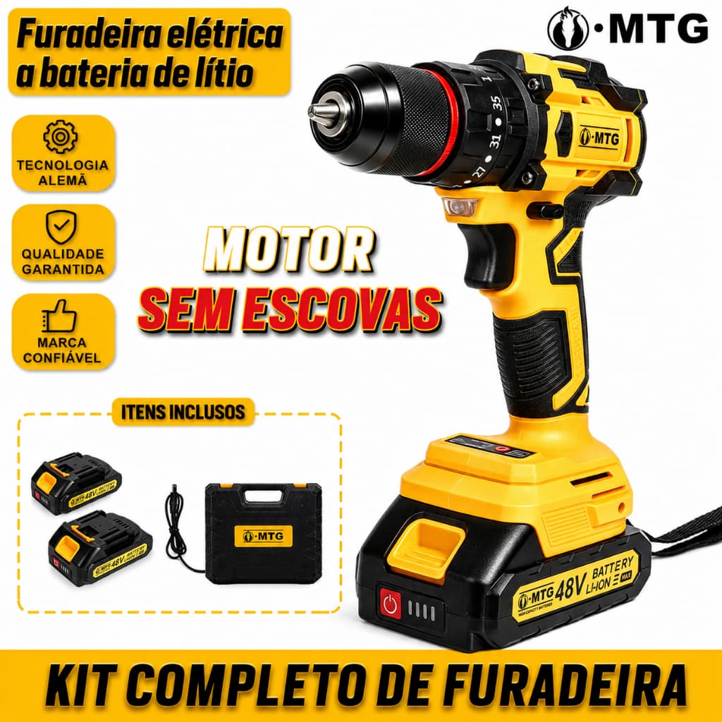 Furadeira de Impacto Sem Fio Sem Escova 48V  35N・m, 2 Baterias com Display de Carga e Maleta