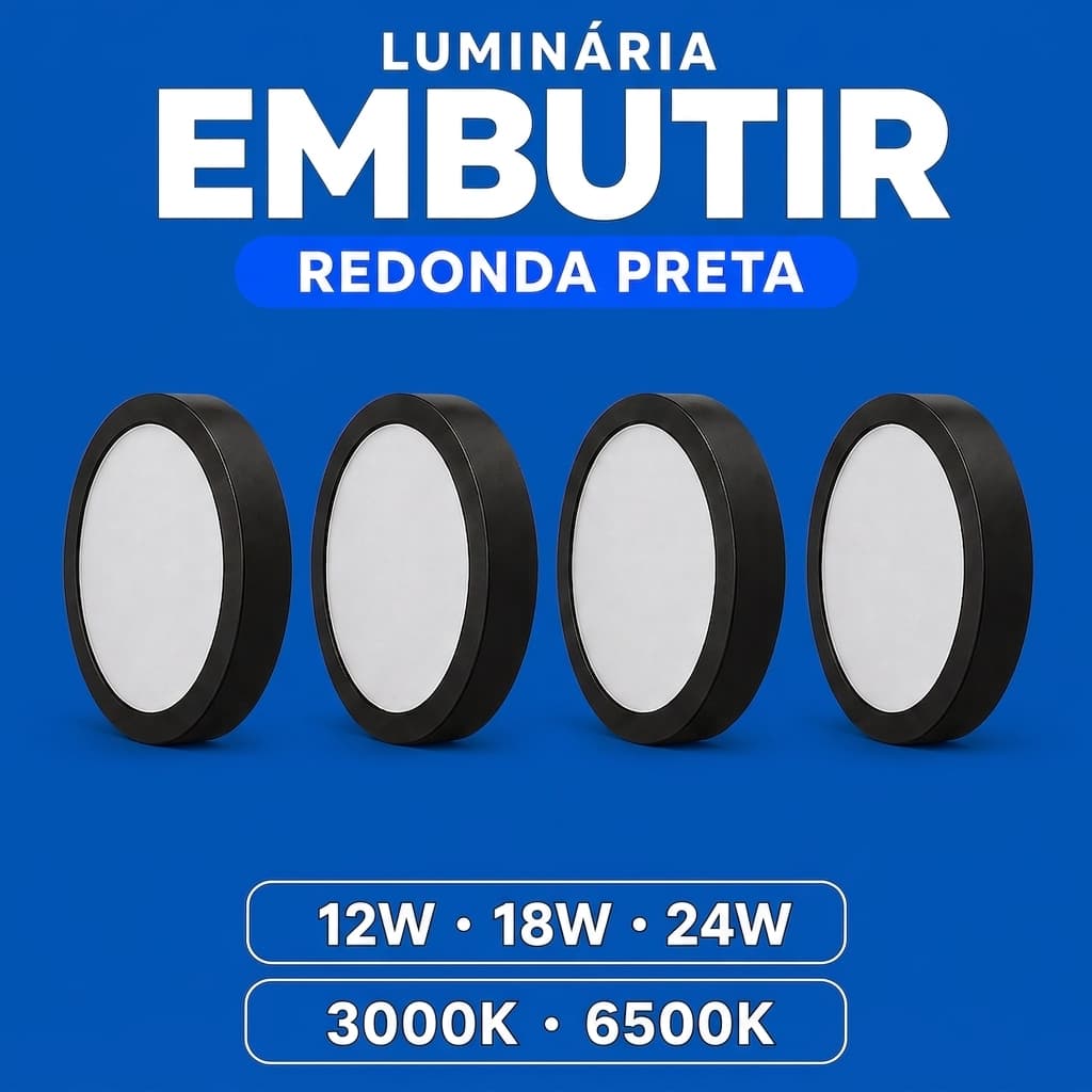 Kit 4 Luminária Painel Plafon Embutir 12W 18W 24W 6500K 3000k Preto Elgin
