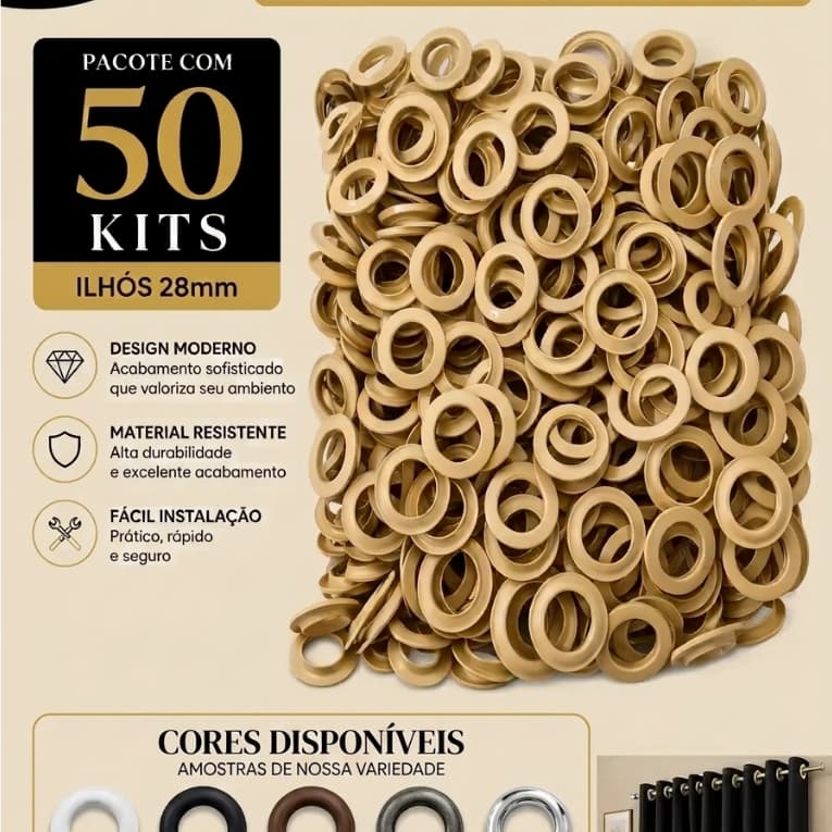 ilhós para cortina 28mm; grosso pacote com 50 unds