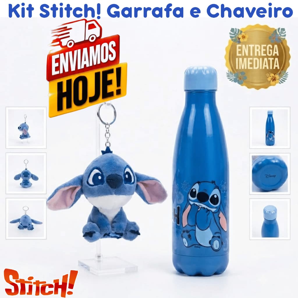 Kit Stitch Garrafa 600ml e Chaveiro de Pelúcia Macio Infantil Personagens Disney Squeeze e Chaveiro