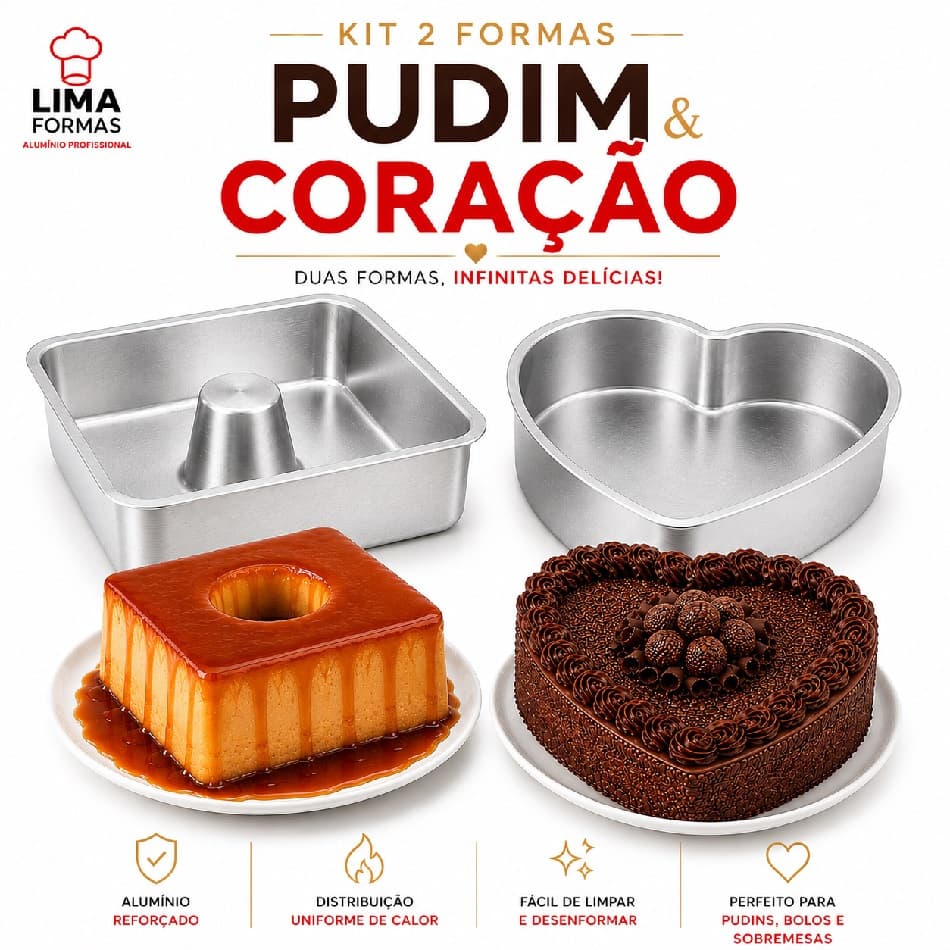 Kit Forma de Pudim Quadrada Suíça Grande + Forma de Bolo Coração  Alumínio Reforçado para Bolos