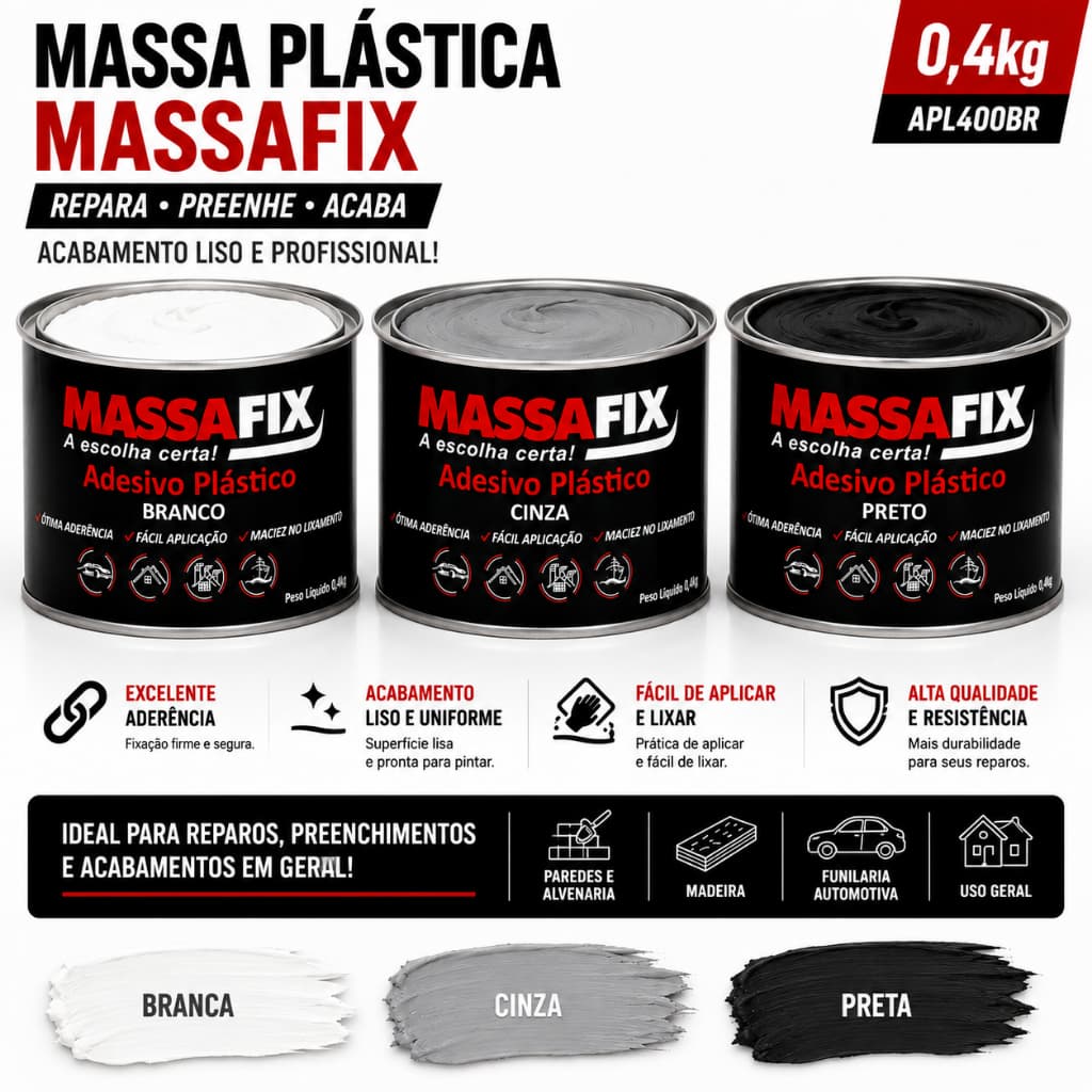 Massa Plástica Massafix 400g Branca Cinza Preta Adesivo