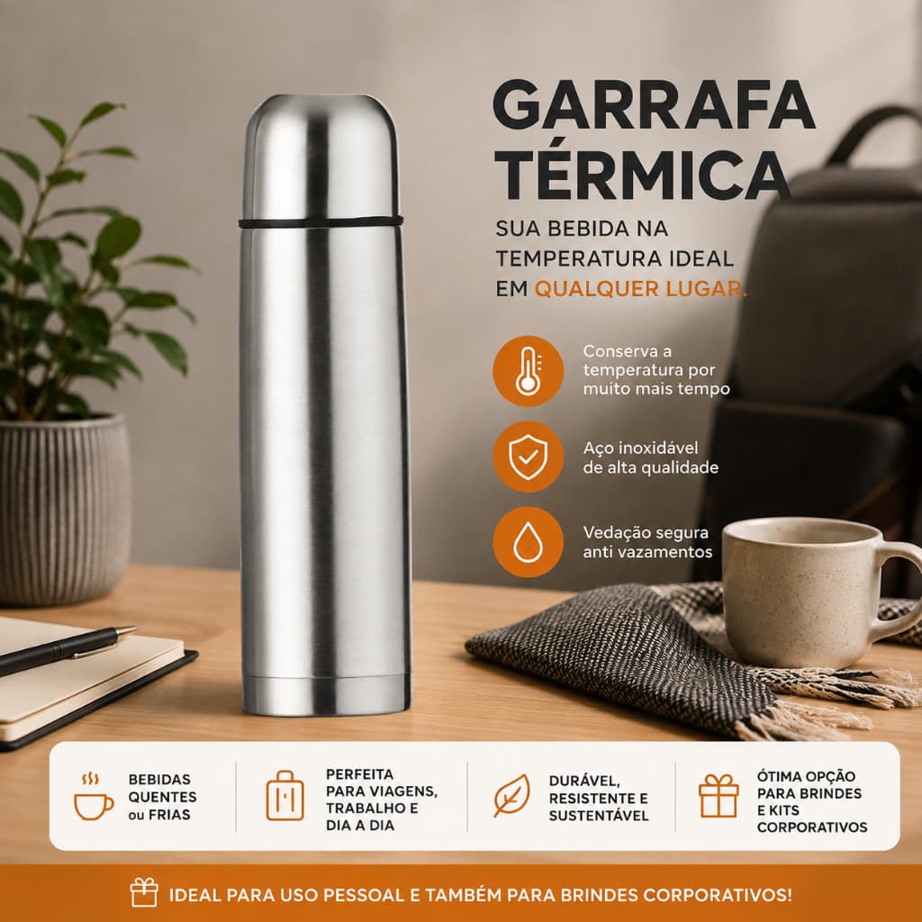 Garrafa Térmica 500mL Aço Inox Água Gelada Café Quente Com Bolsa Para Transporte