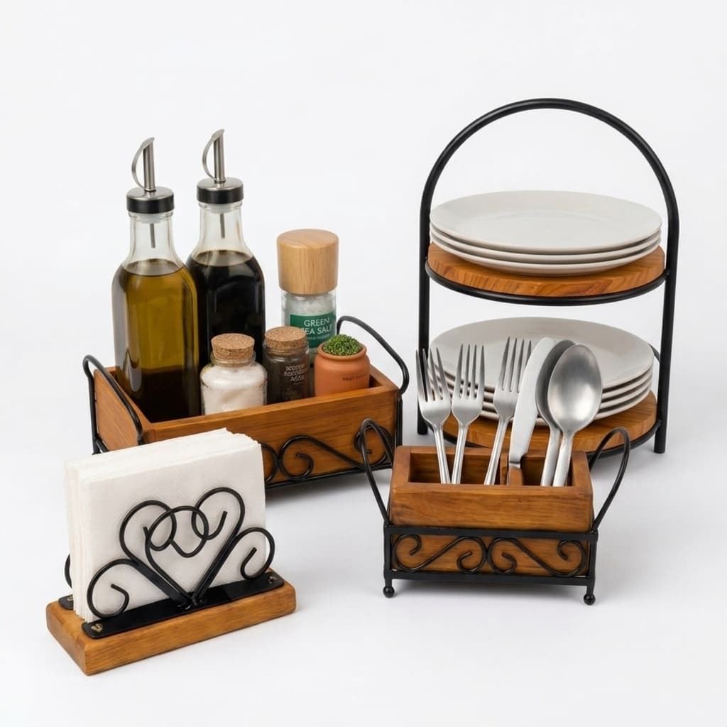 Kit  Cozinha Porta Talheres, Porta Condimentos, Porta Bolos e Porta Guardanapos - Rústico Madeira E Ferro