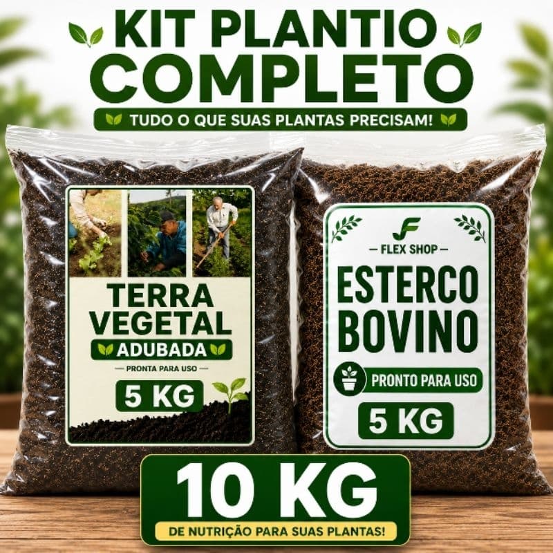 Kit Terra Vegetal Adubada 5kg + Esterco Bovino Curtido 5kg Adubo Orgânico Para Plantas Horta Jardim Vasos Flores 10kg