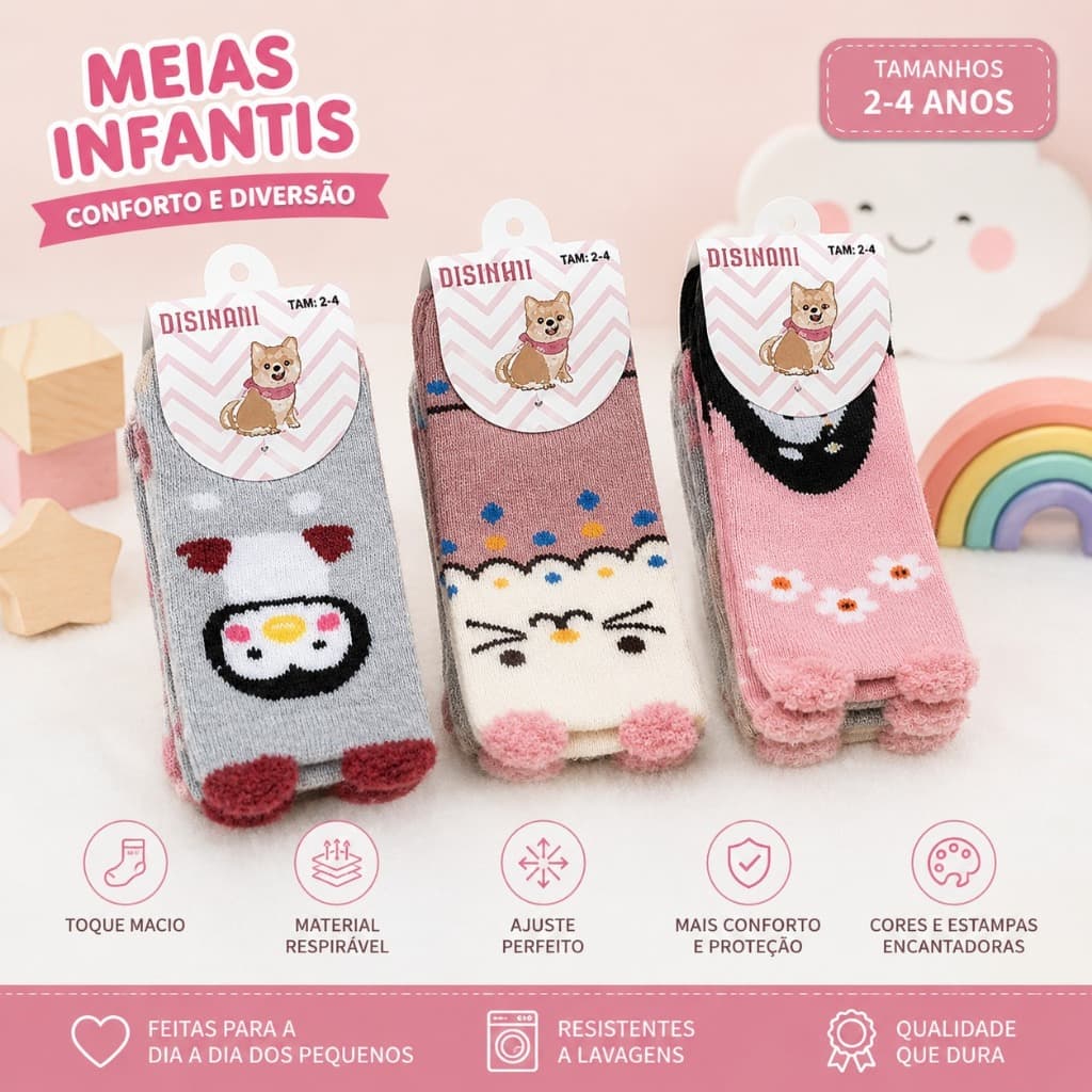 Kit Meia Feminina Infantil Algodão Confortável Estampada Animal Antialérgico 2 e 4 anos