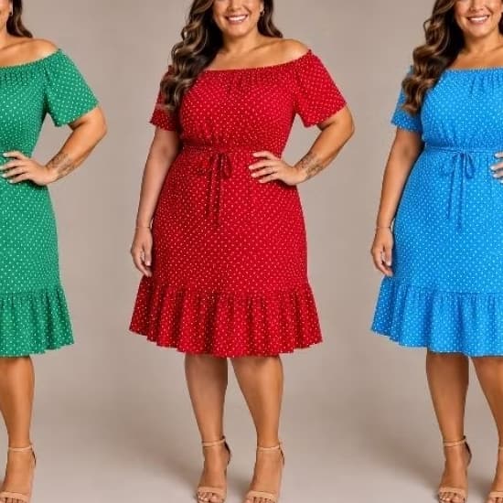 Vestido Feminino Crepinho Poá Ombro a Ombro Tamanho Único até 42 com Cinto – Verde, Vermelho ou Azul