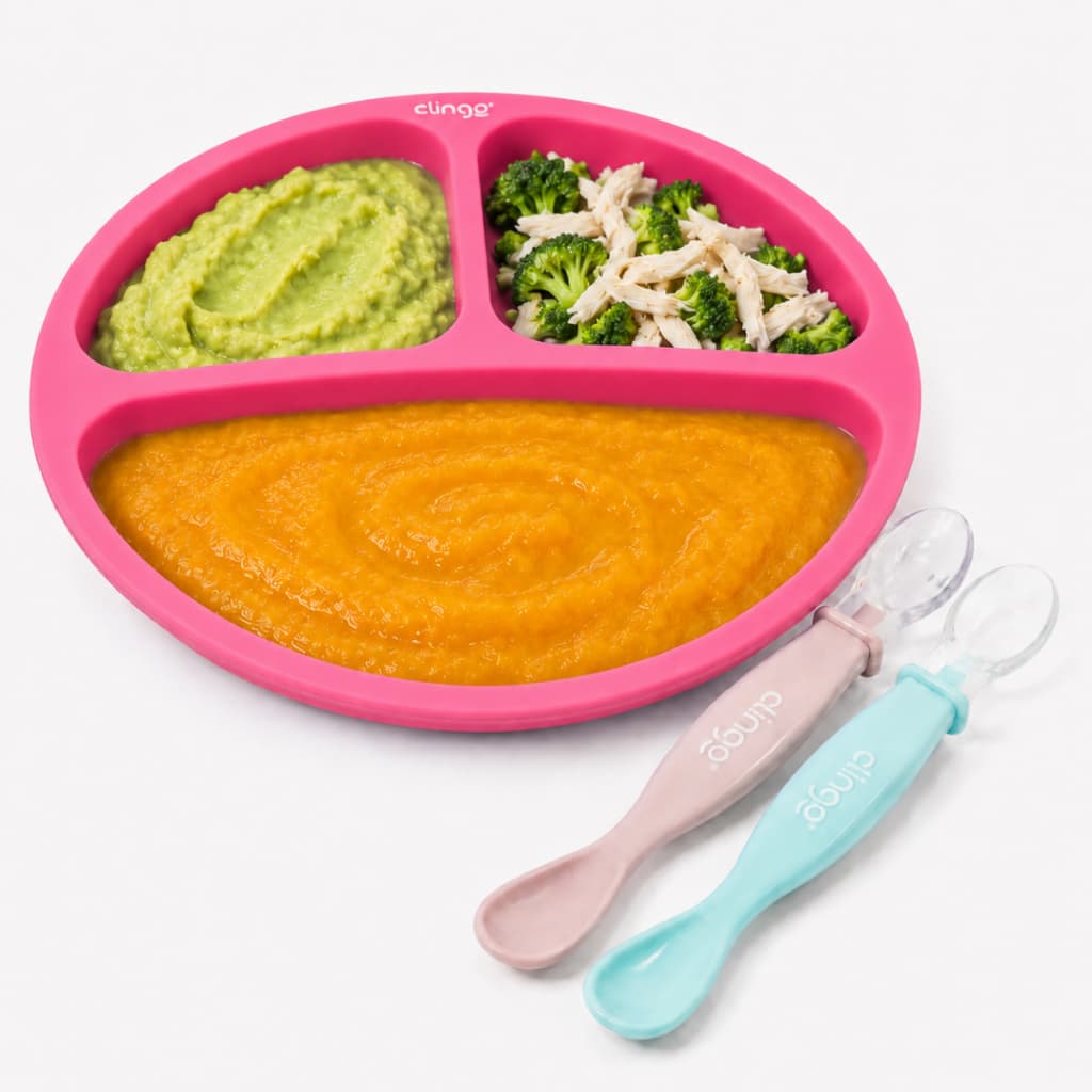 Kit Alimentação Infantil Prato de Silicone 3 Divisórias + 2 Colheres Ponta Dupla para Bebê Introdução Alimentar 6m+
