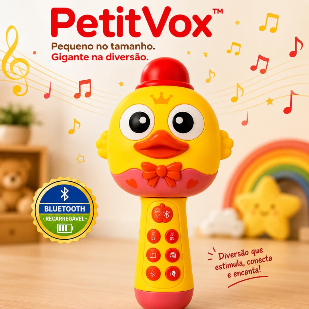 Microfone Infantil Bluetooth Recarregável PetitVox™ com Músicas e Histórias – Brinquedo Musical Infantil