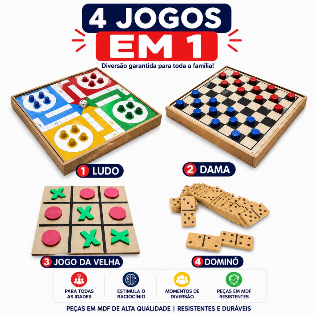 Jogos de Tabuleiro  4em1 Dama Ludo Dominó Jogo Da Velha