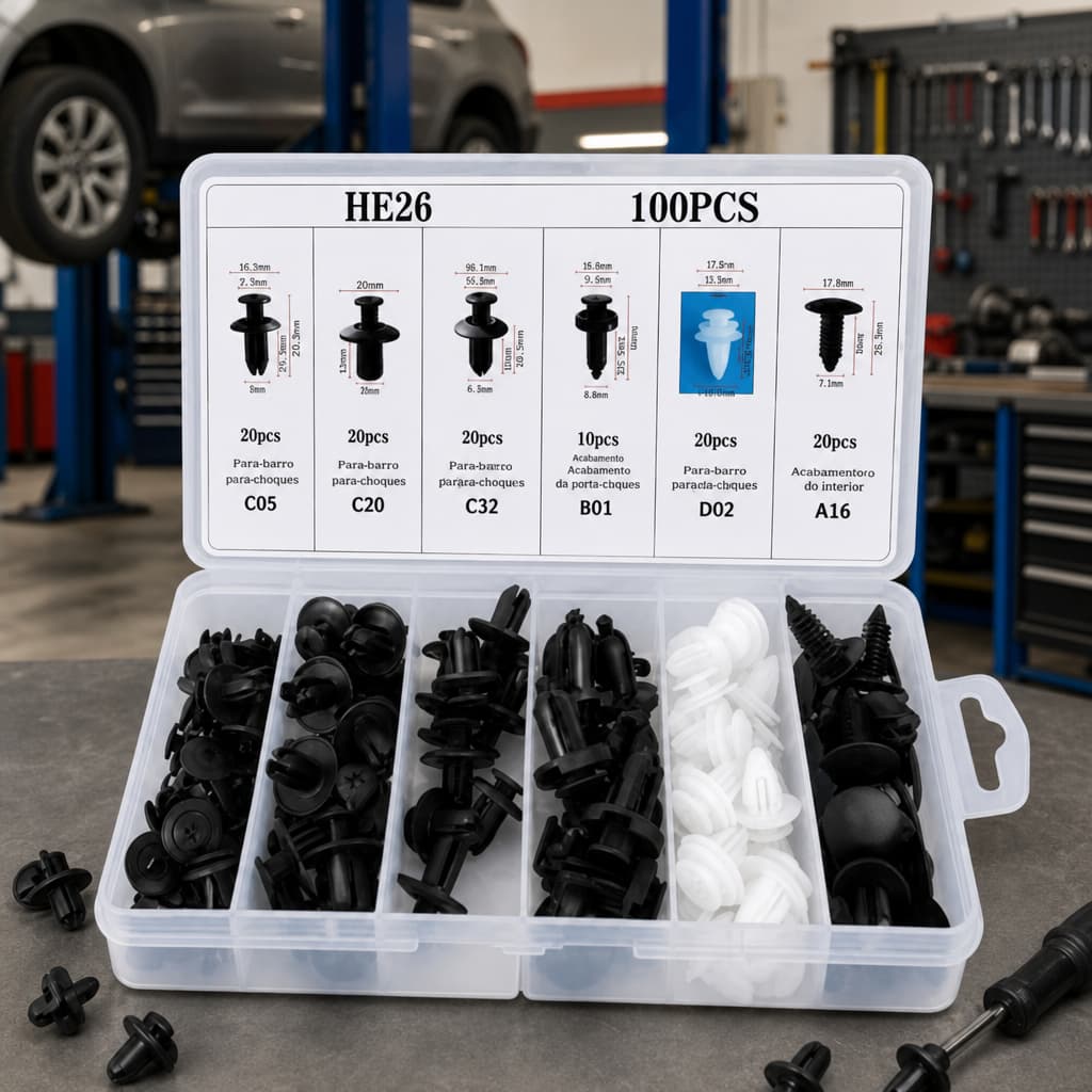 Kit Grampos e Presilhas Automotivas com 100 Peças + Estojo Organizador Universal Reforçado