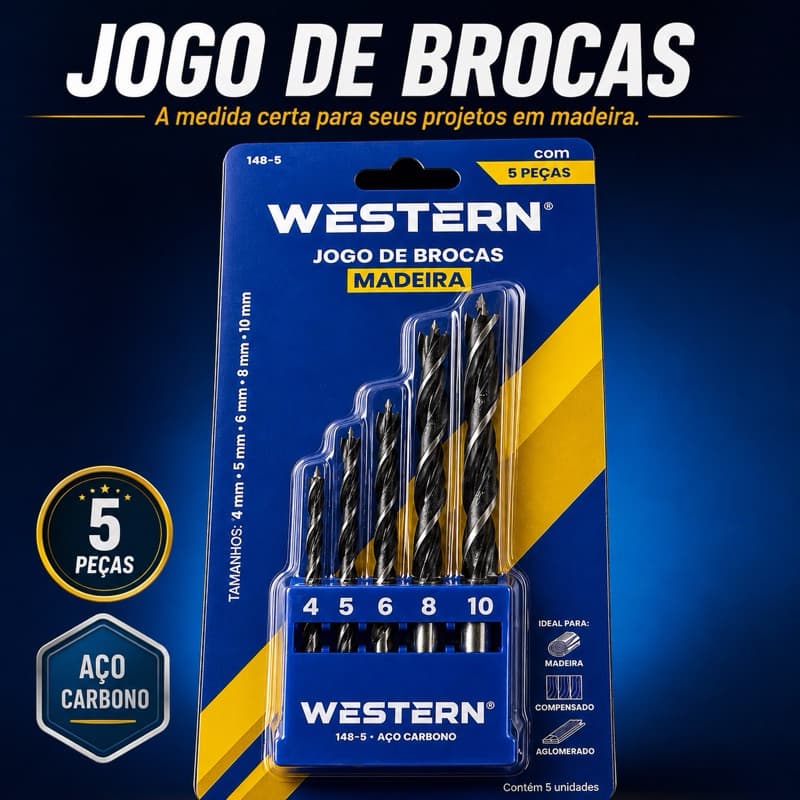 Jogo de Brocas para Madeira Western 5 Peças 4 5 6 8 10mm Aço Carbono para Furadeira