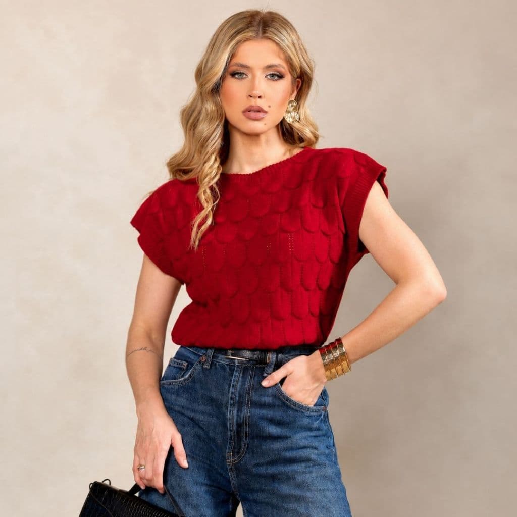 Blusa Feminina Tricô Ponto Escama Manga Japonesa Gola Redonda Elegante Verão