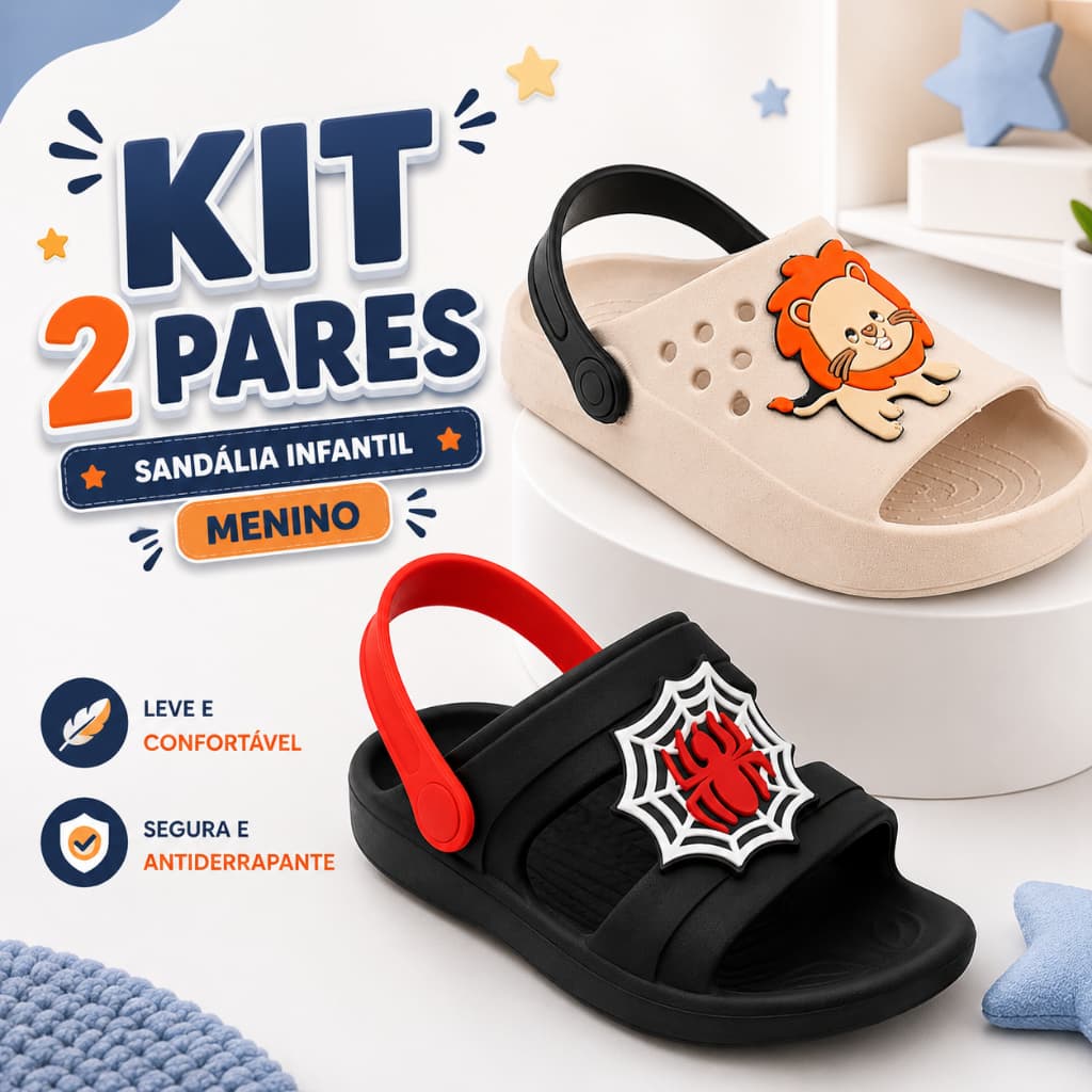 Kit 2 Pares Sandália Infantil Menino e Papete Confortável Leve e Versátil