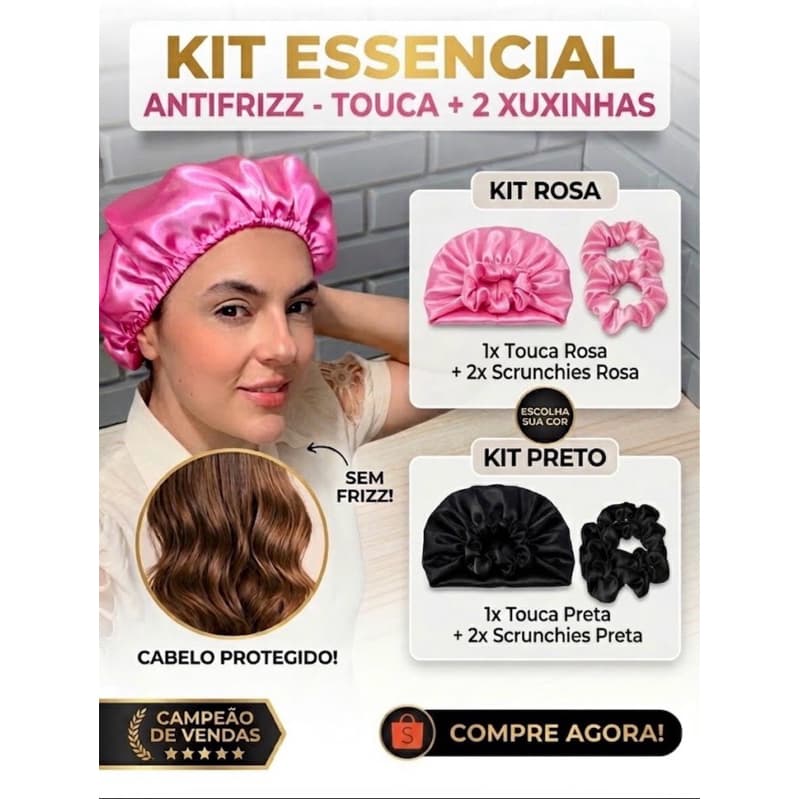 Kit 1 Touca de Cetim + 2 Xuxinhas Scrunchie Rosa e Preta Antifrizz Cabelo