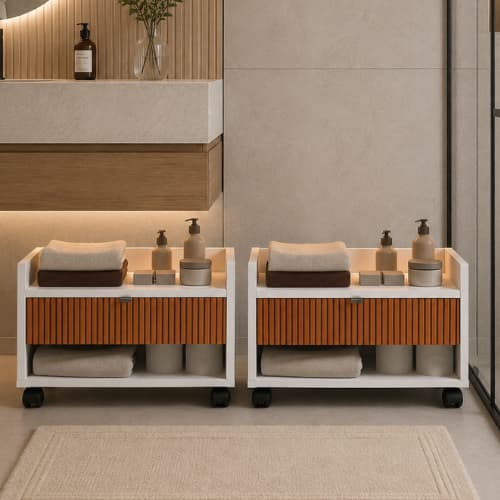 Kit 2 Gabinetes Armário Para Banheiro Prisma Com Uma Gaveta Nicho E Rodízios