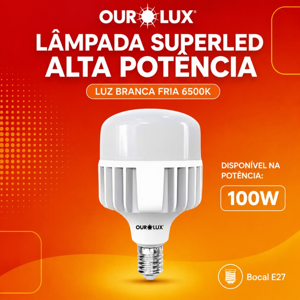 Lâmpada SuperLed Alta Potência T 100W 6500K Branco frio E27 Ourolux