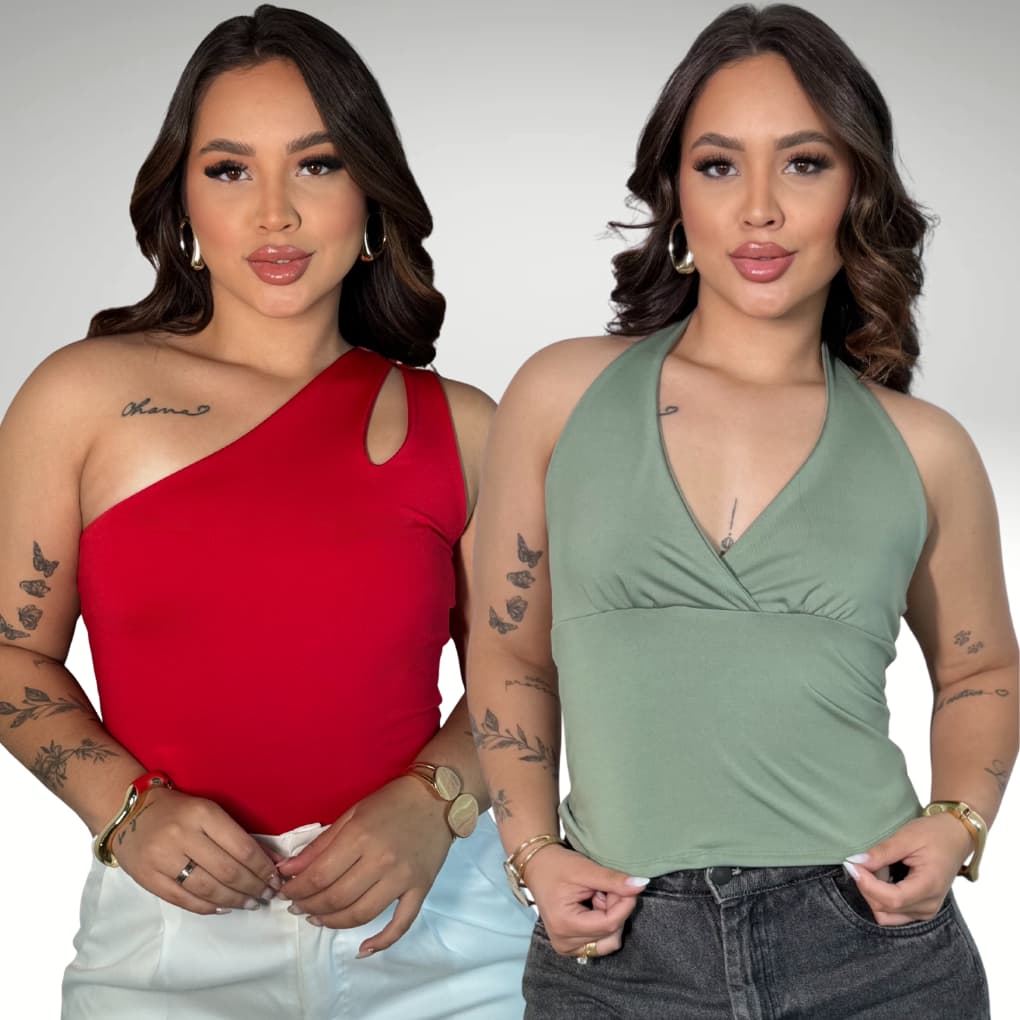 Kit 2 Blusas Femininas Diferentes Ombro Só e Frente Única Decote V Moda Feminina