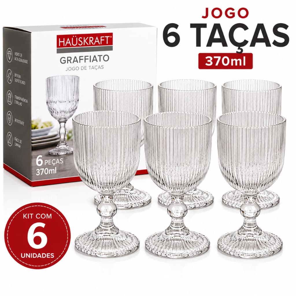 Jogo 6 Taças de Vidro Graffiato 370ml Hauskraft Água Vinho Transparente