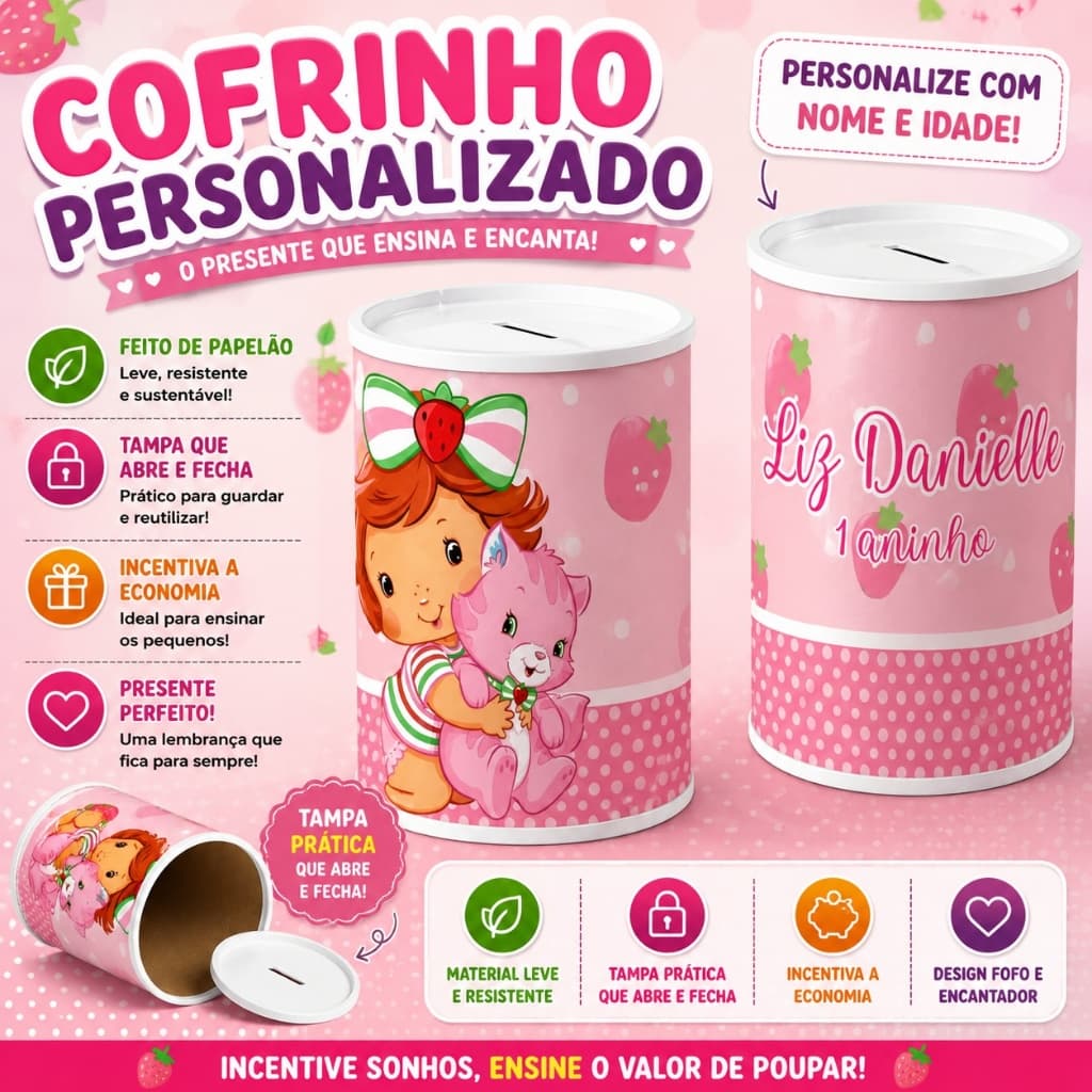 Cofrinho Personalizado Moranguinho Baby | Festa Infantil | Kits 9/12/15/24/30 - Envio Super Rápido