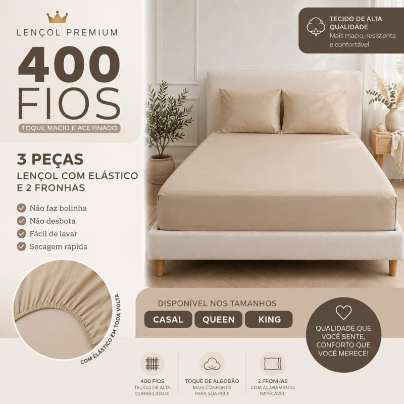 Jogo de Lençol 3 peças Elástico Cama box Casal Queen King Solteiro 400 Fios TOQUE Aveludado Micropercal Premium