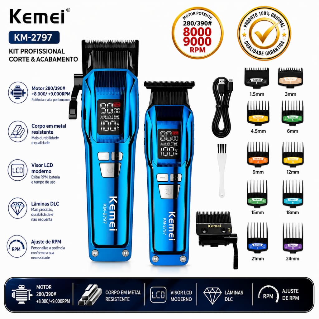 kit 2 Máquinas Kemei Máquina de Corte + Máquina de Acabamento Premium km-2797 8.000/ 9.000RPM Profissional