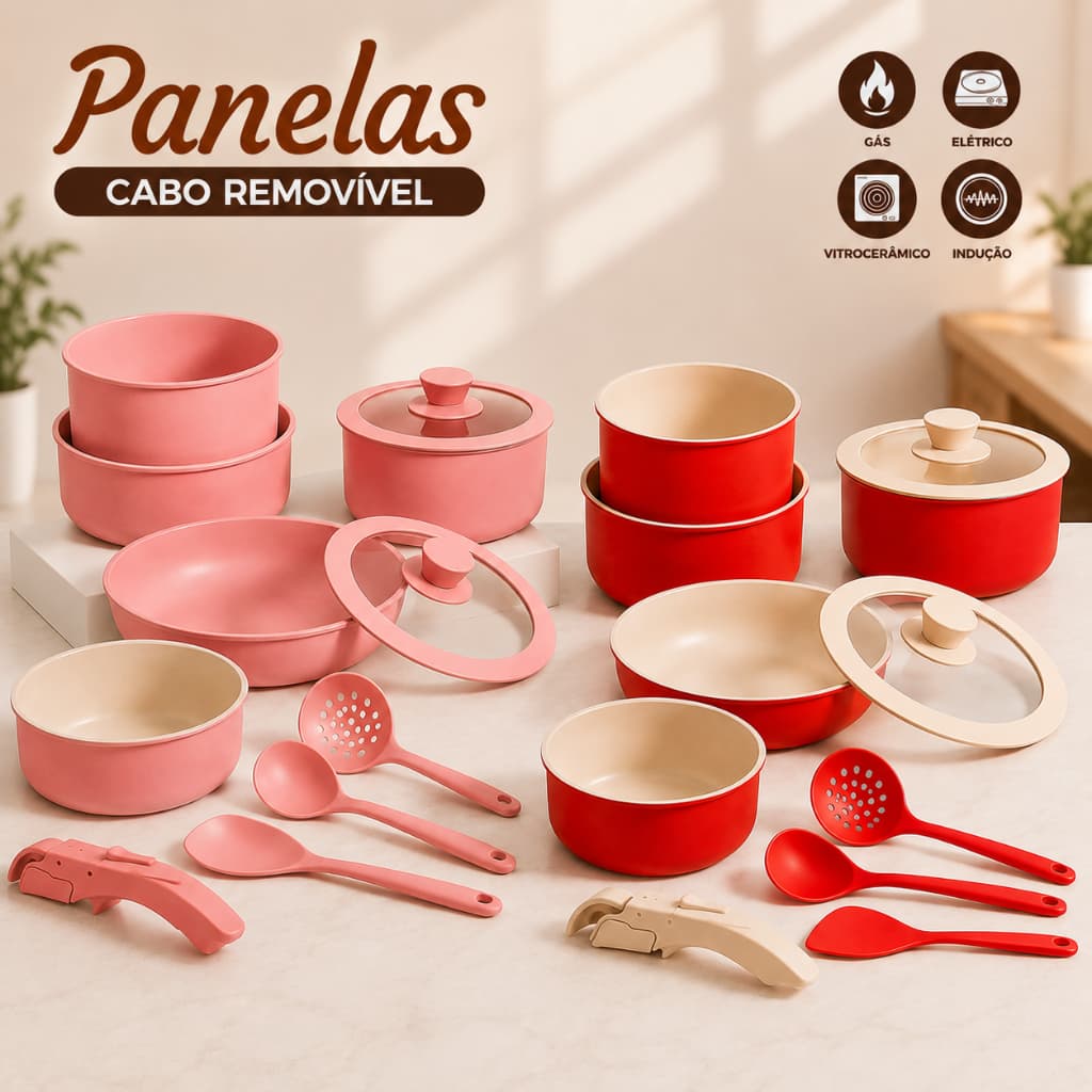 Kit Panelas Cerâmica 11 Peças Antiaderente Cabo Removível Indução Frigideiras Premium