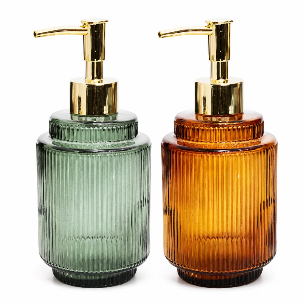 Porta Sabonete Líquido Vidro Canelado 350ml Válvula Dourada Dispenser Banheiro Lavabo Cozinha Âmbar Verde