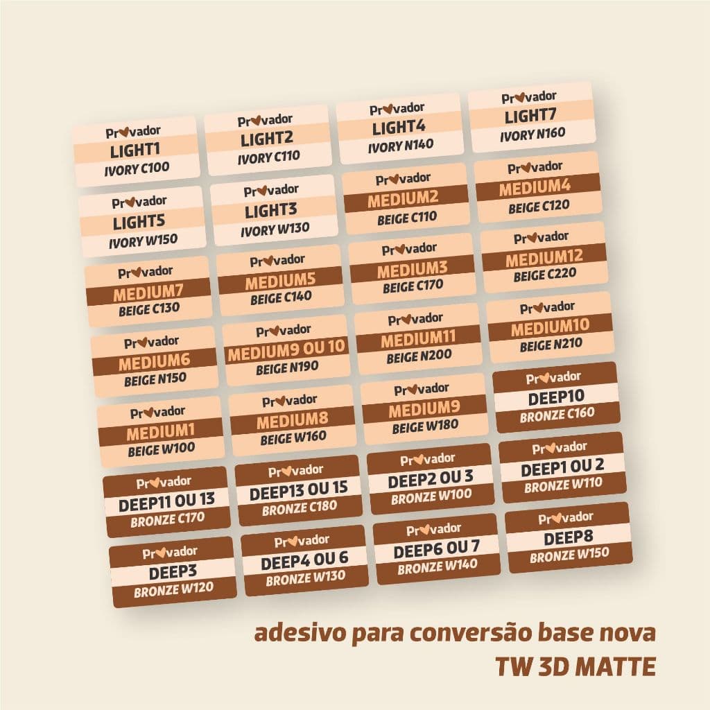 Kit 2 Cartelas Adesivos, Etiquetas Provador para Base Matte 3D e Luminosa MK - Tabela Conversão