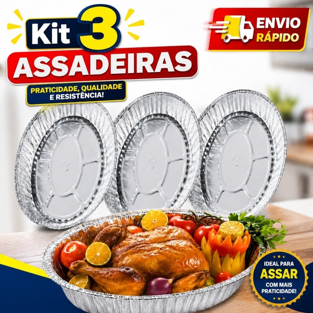 Kit 3 Assadeiras de Alumínio Descartáveis Oval Resistente para Forno Assar Frango, Carnes e Lasanha