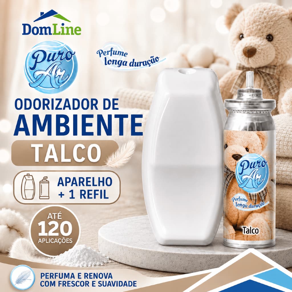 Odorizador de Ambiente Talco Puro Ar DomLine + Refil 12ml Casa Banheiro Quarto Antiodor