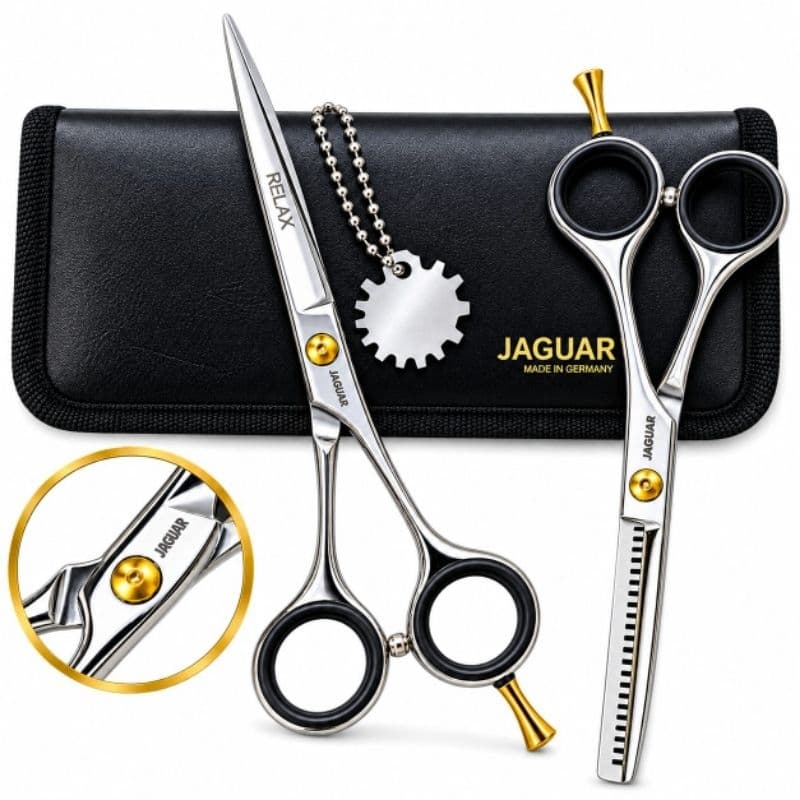 Kit Tesoura de Cortar Cabelo Profissional Jaguar Relax 6.0 Fio Laser + Desbastadeira + Estojo Aço 440C