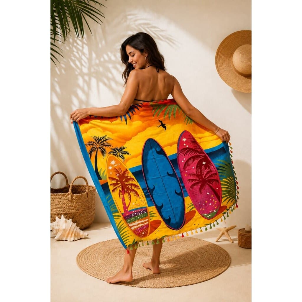 Canga de Praia Estampada com Prancha de Surf Tropical-#912