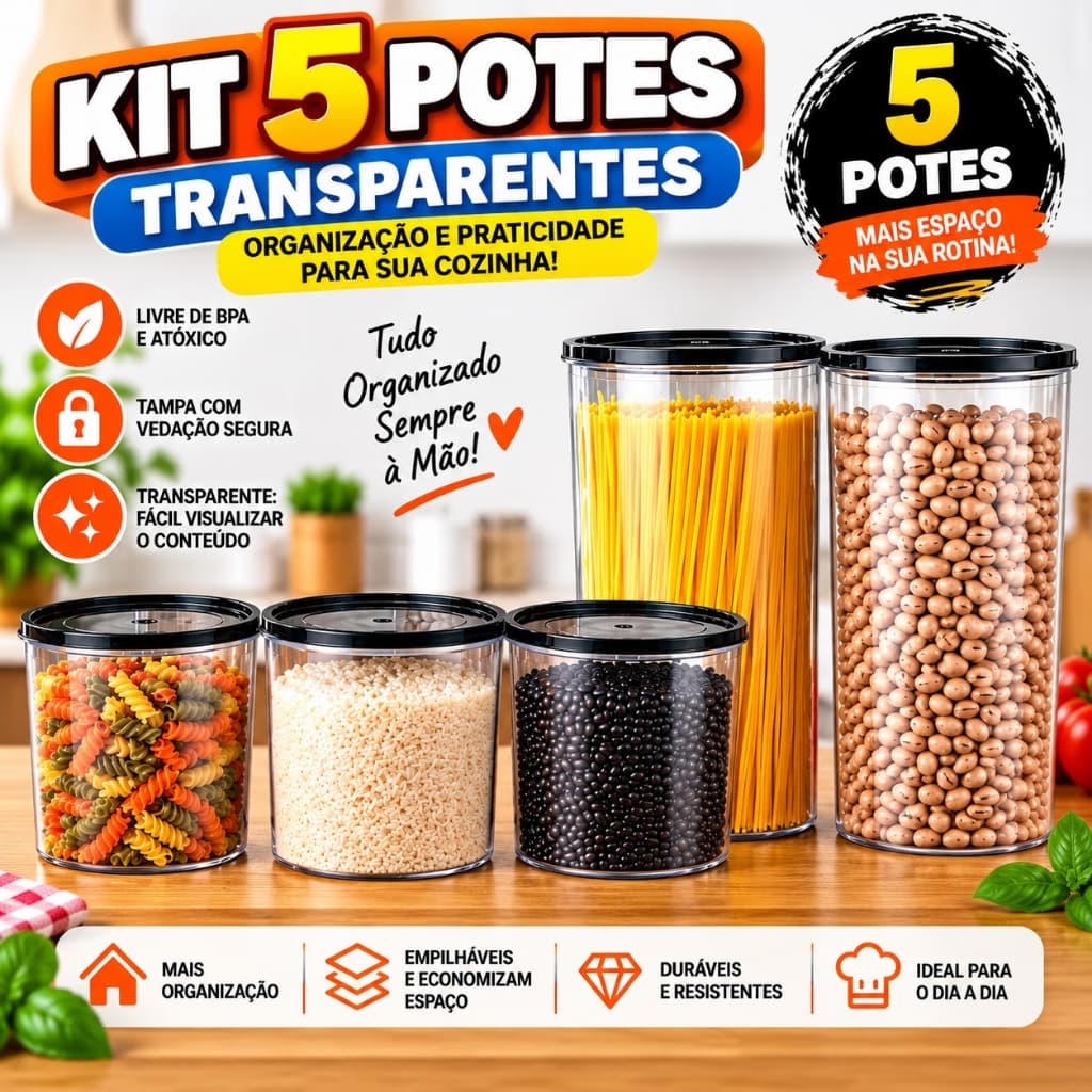 Kit Potes Herméticos Empilháveis para Alimentos Mantimentos Tampa Transparente BPA Free
