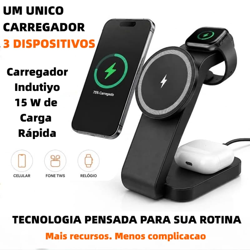 Magnético Carregador Por Indução Sem Fio Wireless Carga Rápida 15w Para iPhone Android 3x1 Cor KD-9094