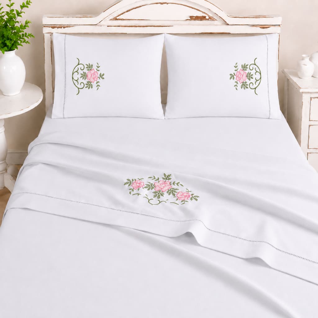 Jogo de Lençol Cama 04 e 03 Peças 100% Algodão Bordado Com Detalhe Ponto Palito