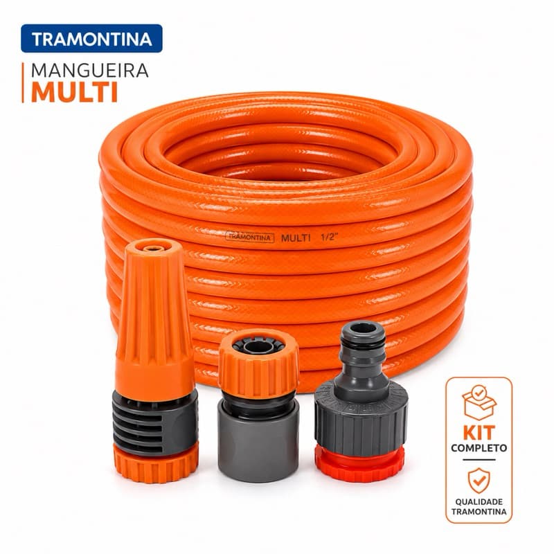 Mangueira Jardim Tramontina flexível 1/2" Laranja PVC 3 Camadas Resistente e Durável + Kit irrigação completo
