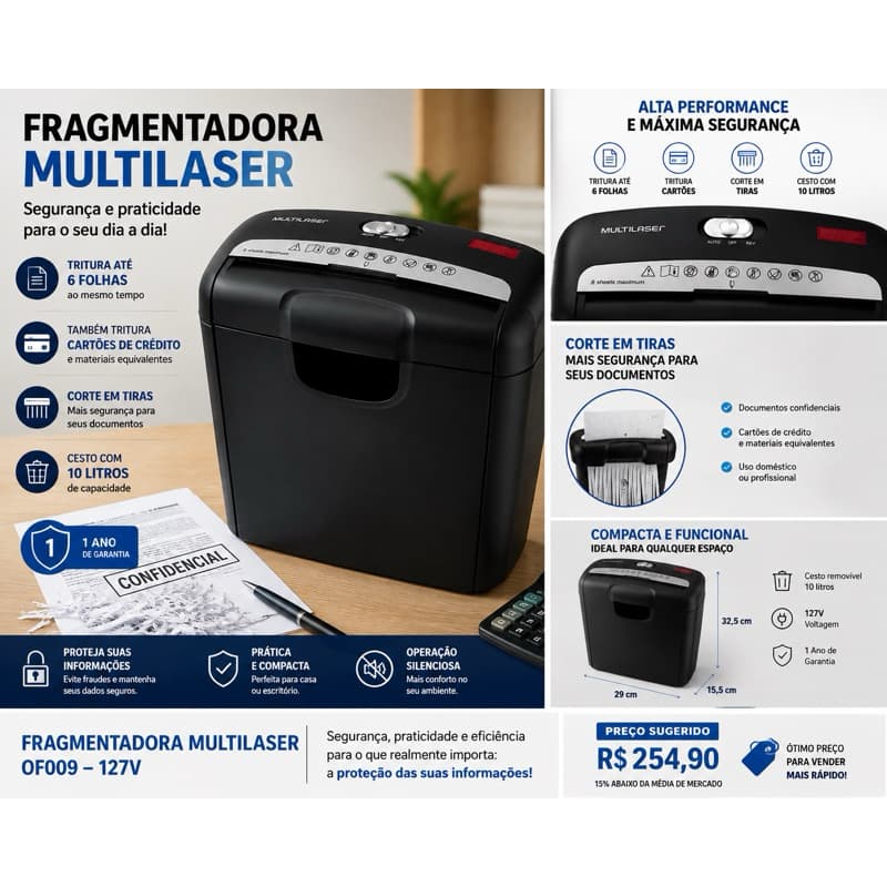 Fragmentadora de Papel - Compacta e Segura com Capacidade para 6 Folhas A4