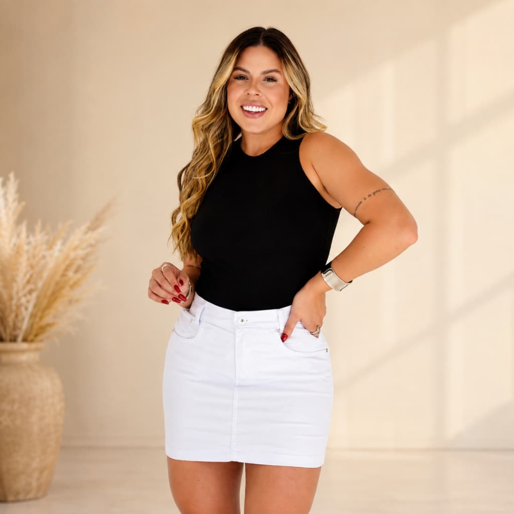 Saia Jeans Branca Feminina Curta Com Lycra Elastano ss Jeans